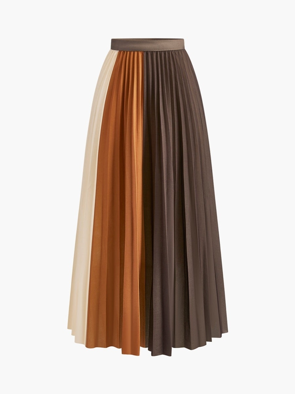 Commense Colorblock Pleated Maxi Skirt — Brown, Rust & Cream - Picture 2 of 4